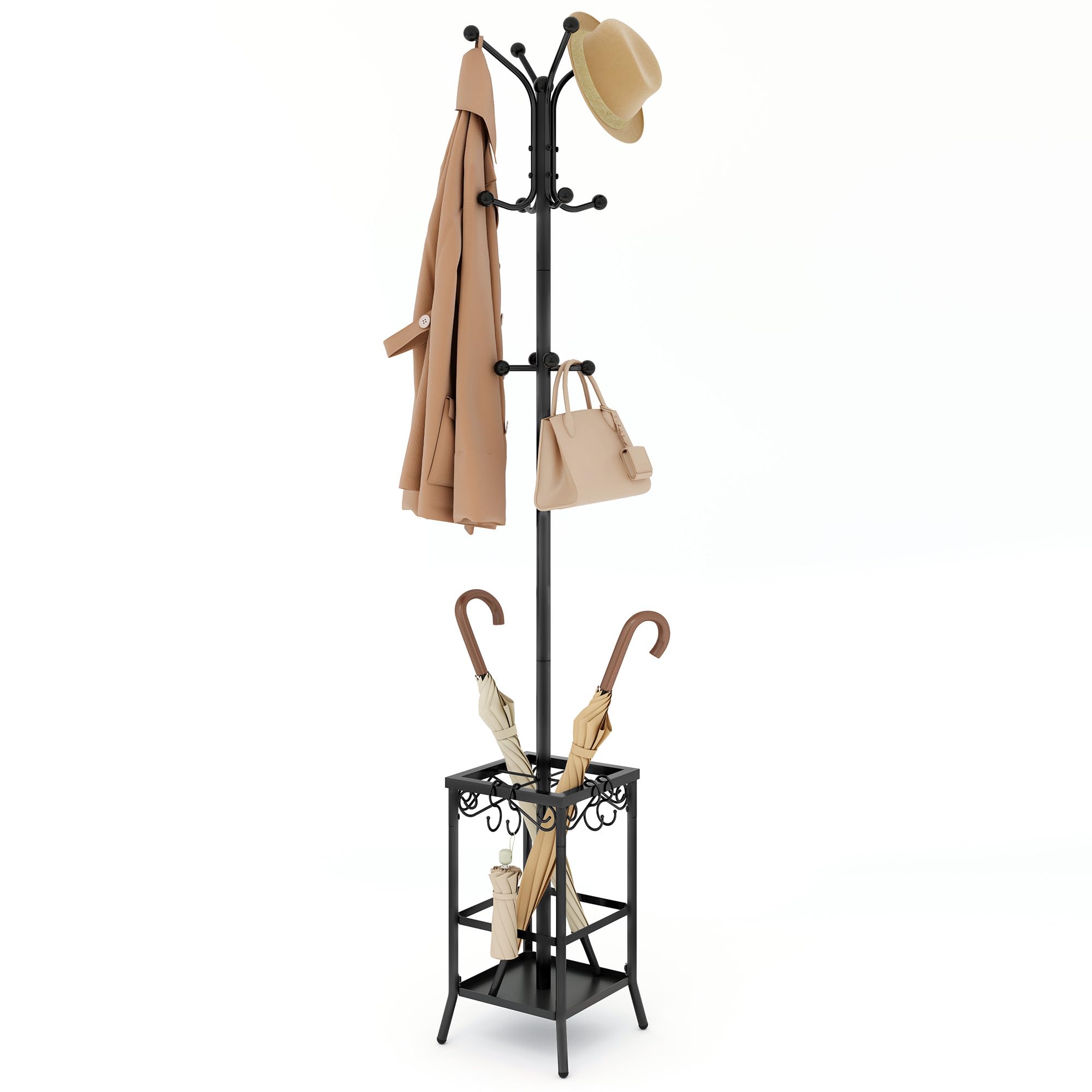 Hoctieon Coat Rack Freestanding, Entryway Hanger Stand, Umbrella Holder, Hall Tree With 12 Hooks, Floor Standing Metal Tree Stand, Black